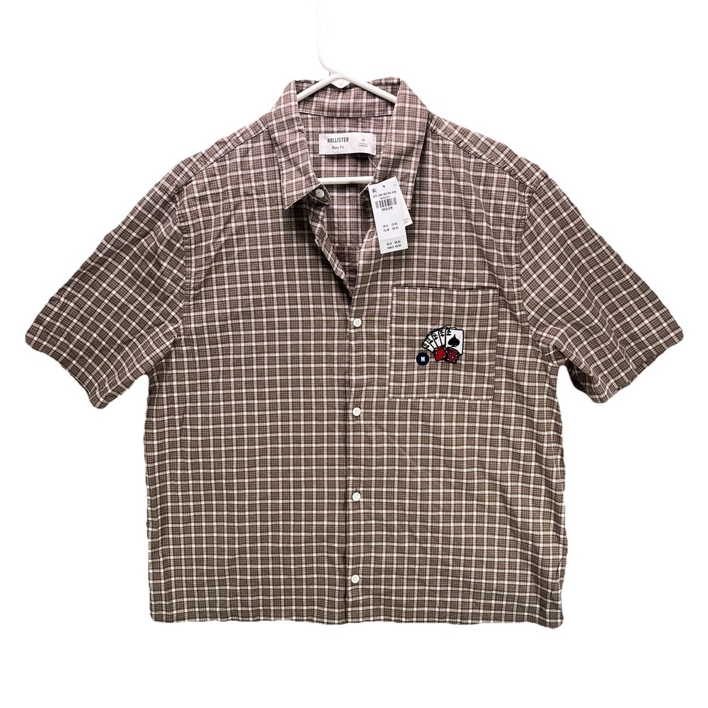 Hollister Boxy Fit Button Up Shirt Mens Medium Plaid Embroidered Cards NWT